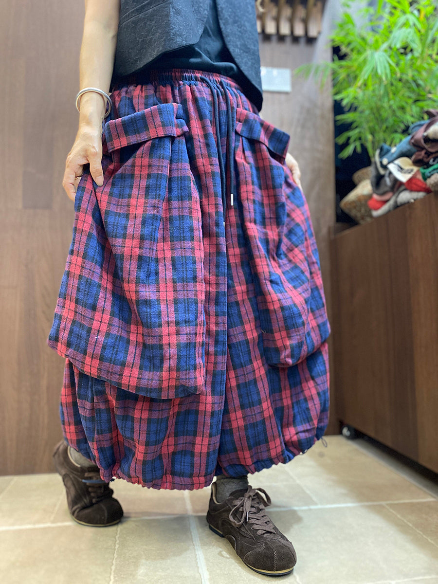 Women Vintage Plaid Cotton Wide-Leg Lantern Pants