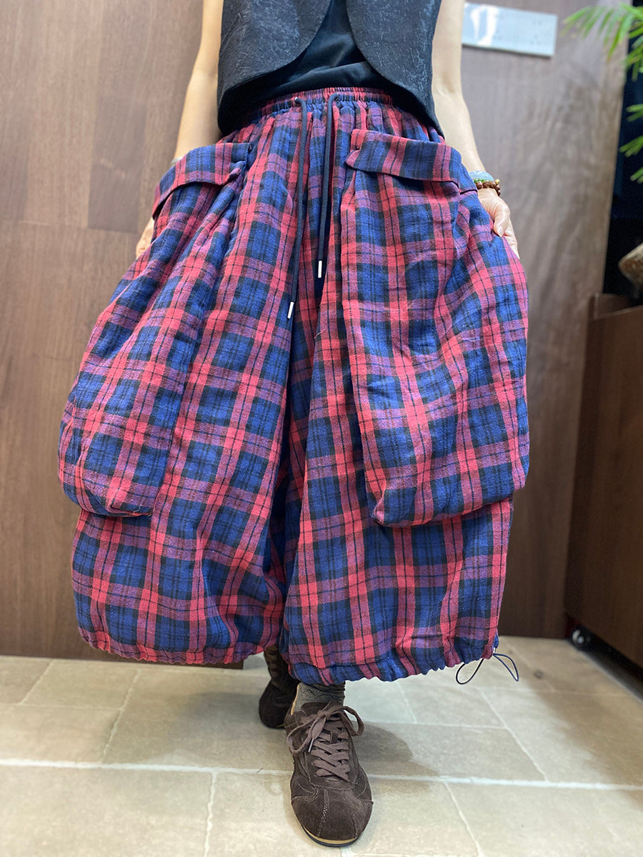 Women Vintage Plaid Cotton Wide-Leg Lantern Pants