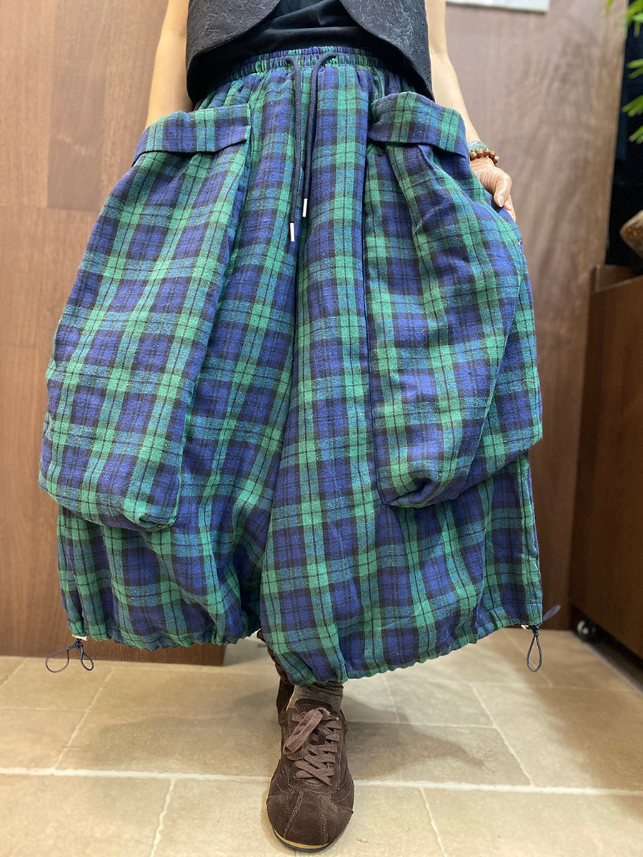 Women Vintage Plaid Cotton Wide-Leg Lantern Pants