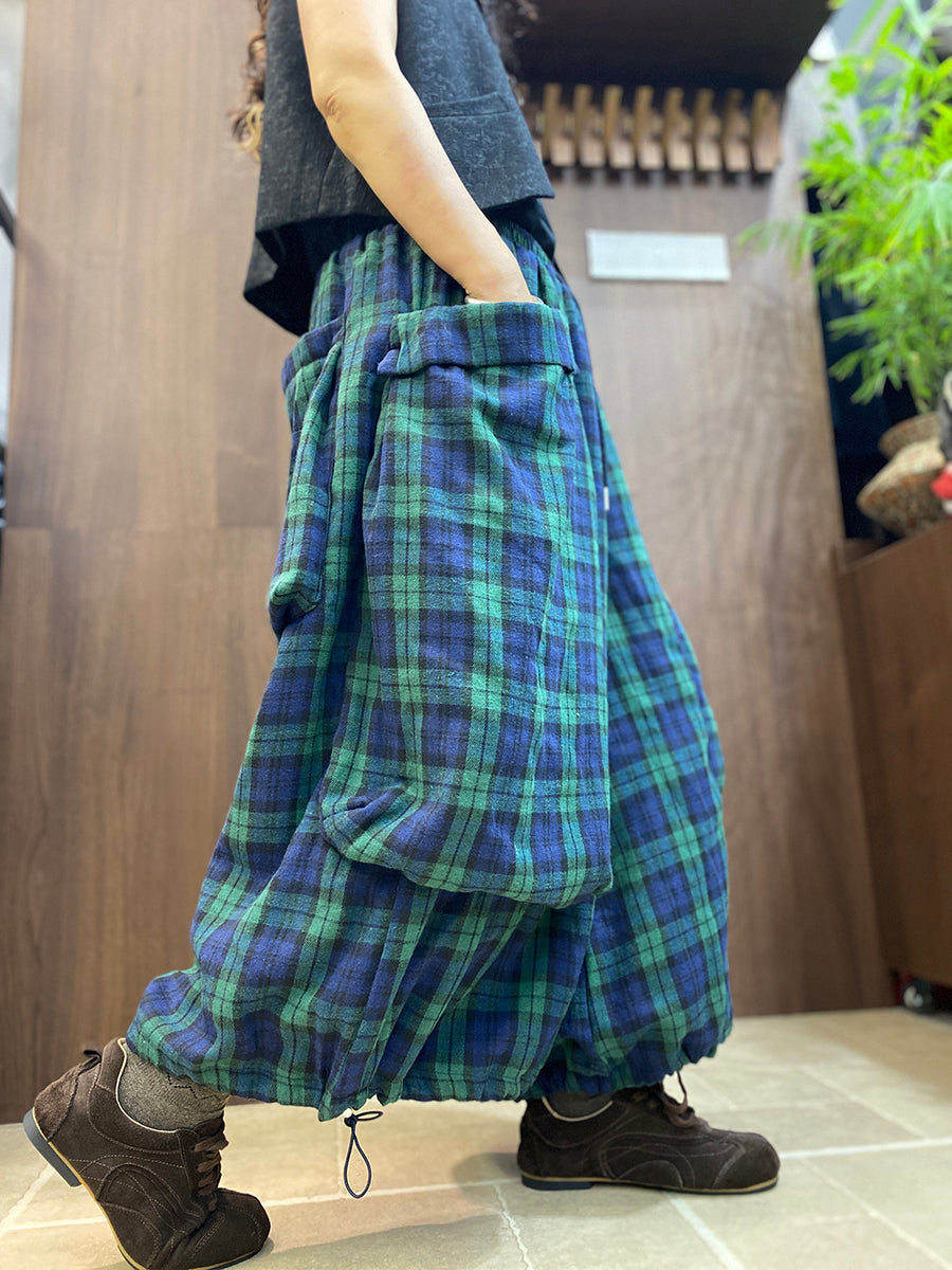 Women Vintage Plaid Cotton Wide-Leg Lantern Pants