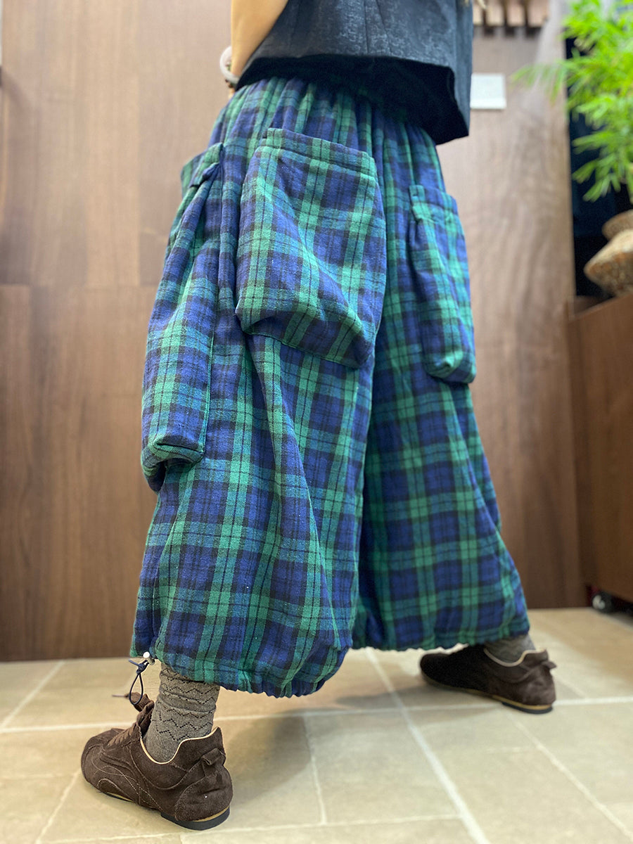 Women Vintage Plaid Cotton Wide-Leg Lantern Pants