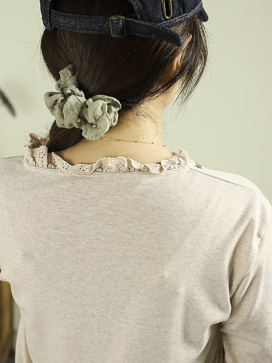 Women Artistic Ruffled Lace Collar Embroidered Base Layer Top