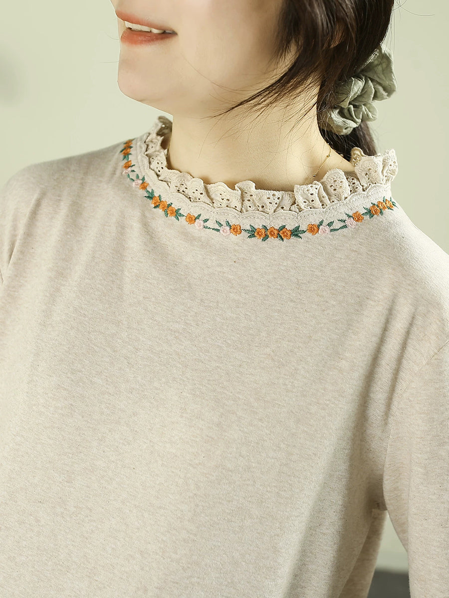 Women Artistic Ruffled Lace Collar Embroidered Base Layer Top