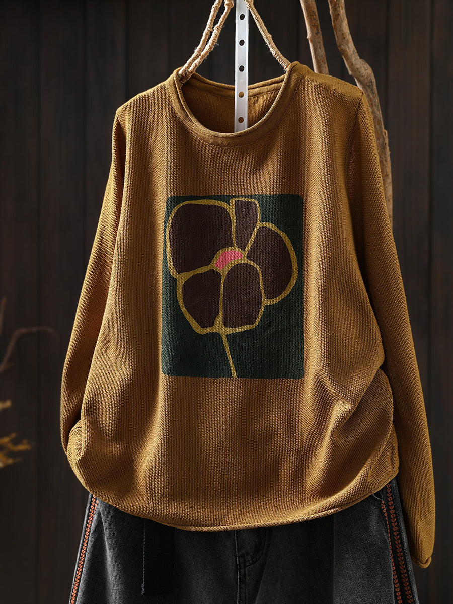 Women Fall Winter Floral Artsy Long Sleeve Cotton Knit Top