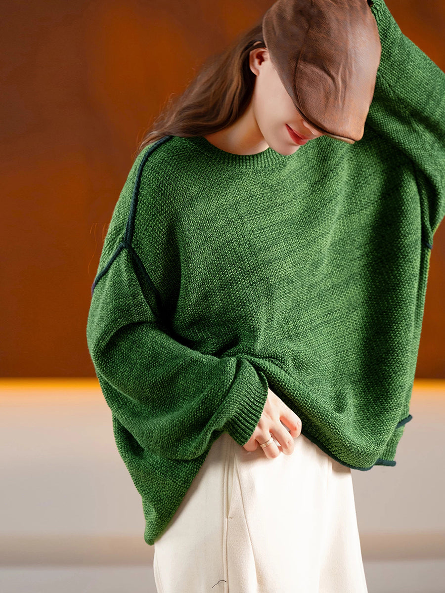 Women Casual Solid Round Neck Oversized Knit Sweater