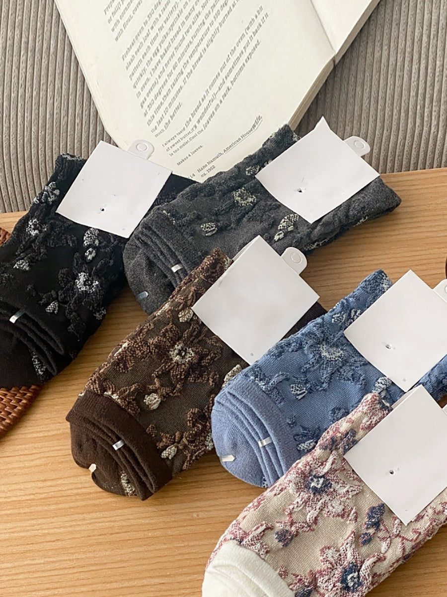 5 Pairs Women Retro Floral Mid-Calf Socks