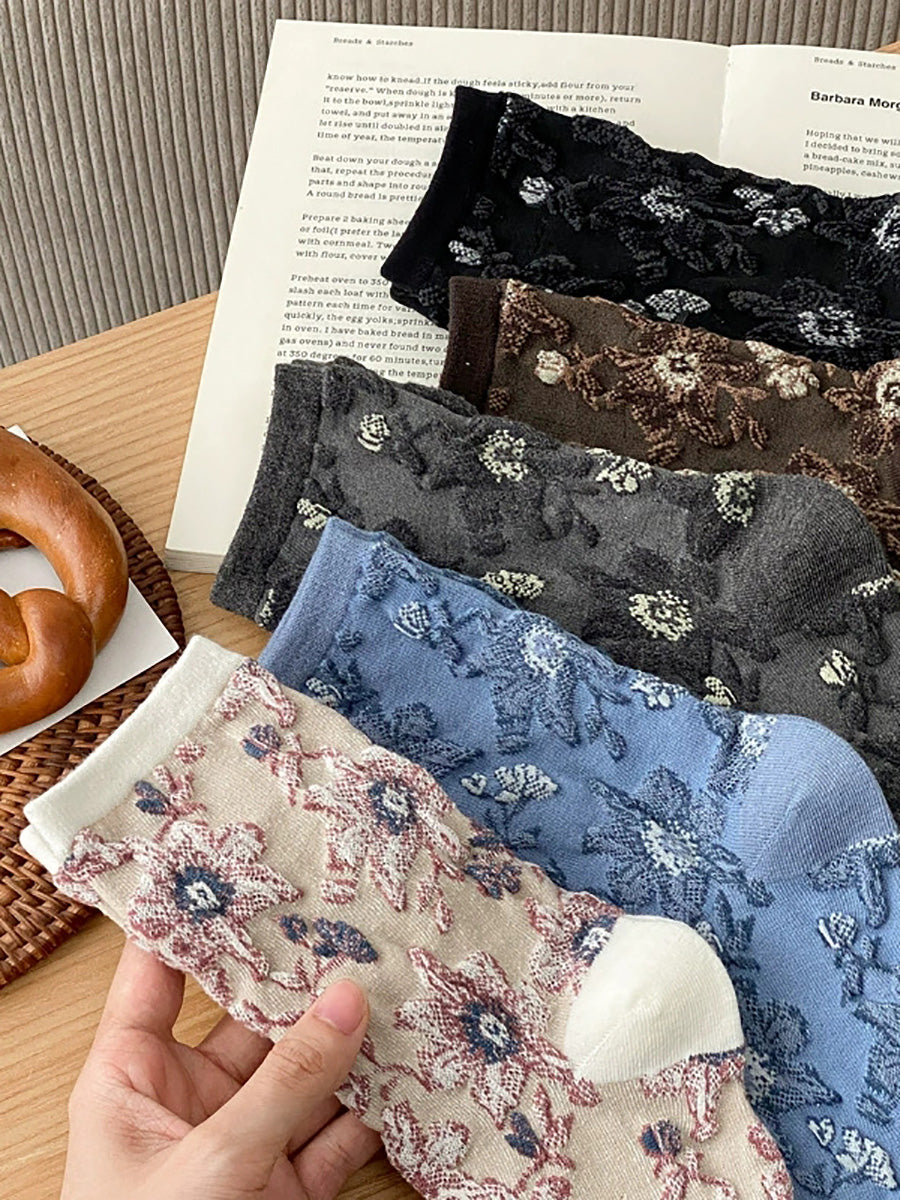5 Pairs Women Retro Floral Mid-Calf Socks