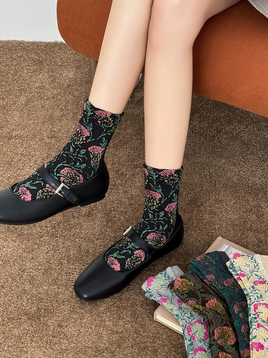 5 Pairs Women Vintage Mori Style Seamless Mid-Calf Socks