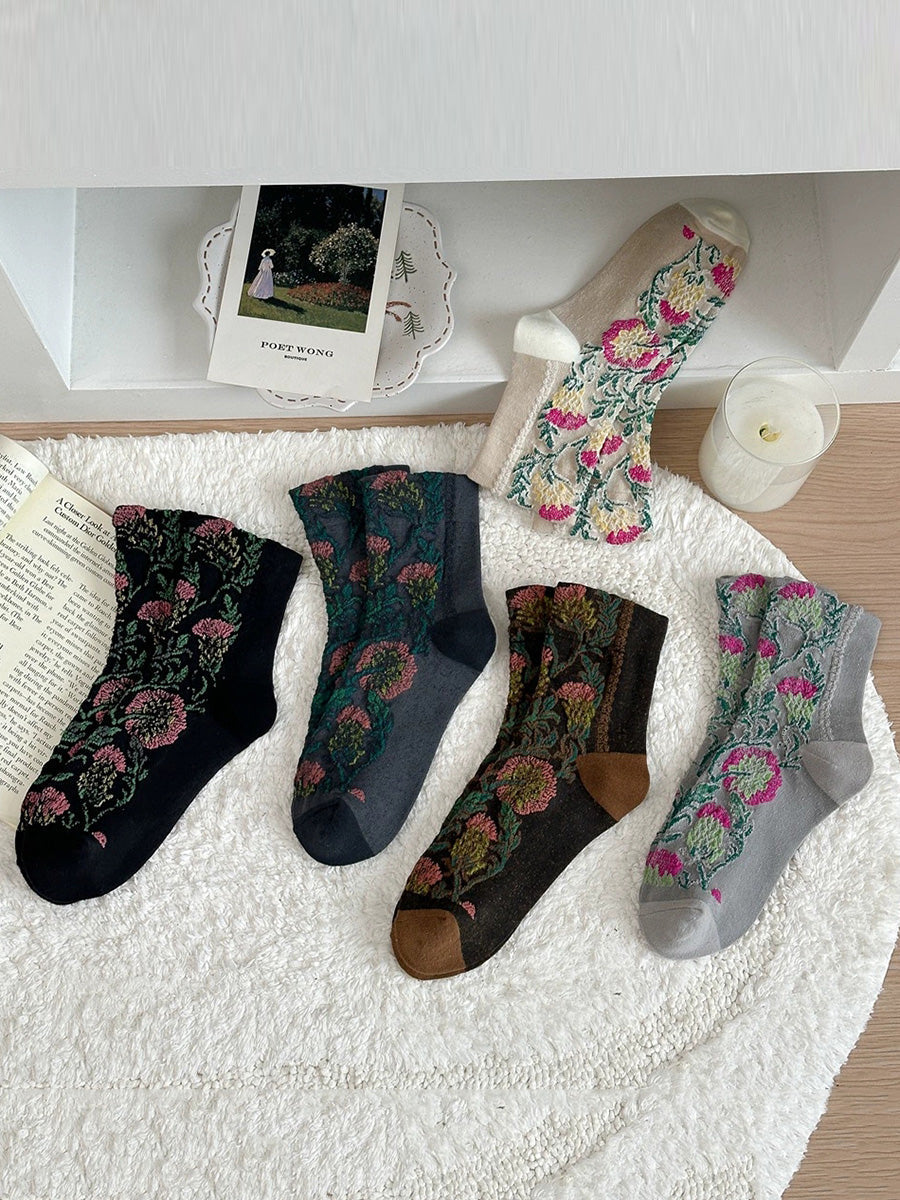 5 Pairs Women Vintage Mori Style Seamless Mid-Calf Socks