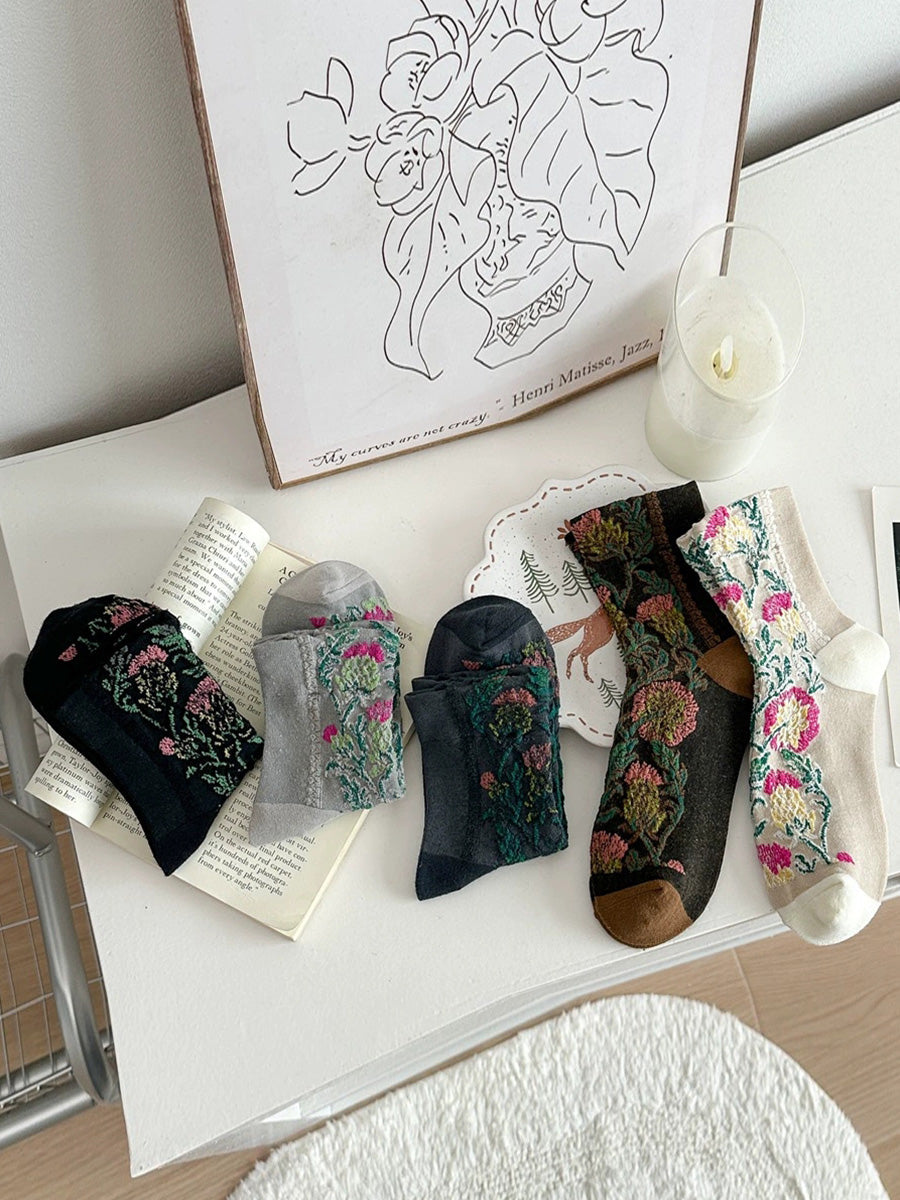 5 Pairs Women Vintage Mori Style Seamless Mid-Calf Socks