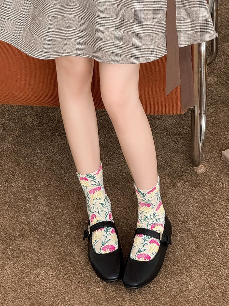 5 Pairs Women Vintage Mori Style Seamless Mid-Calf Socks