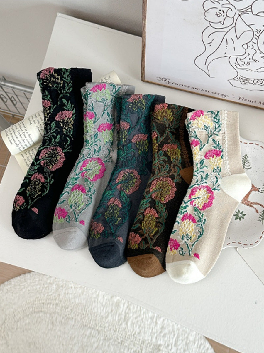 5 Pairs Women Vintage Mori Style Seamless Mid-Calf Socks