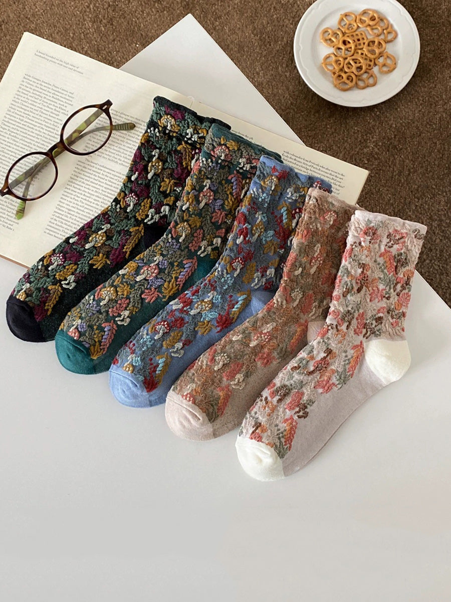 5 Pairs Women Winter Vintage Floral Cotton Socks