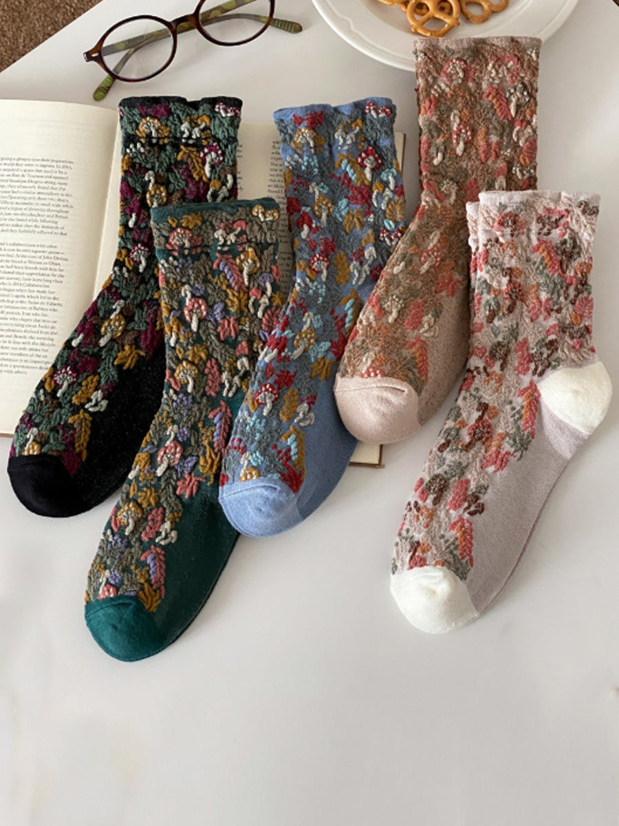 5 Pairs Women Winter Vintage Floral Cotton Socks
