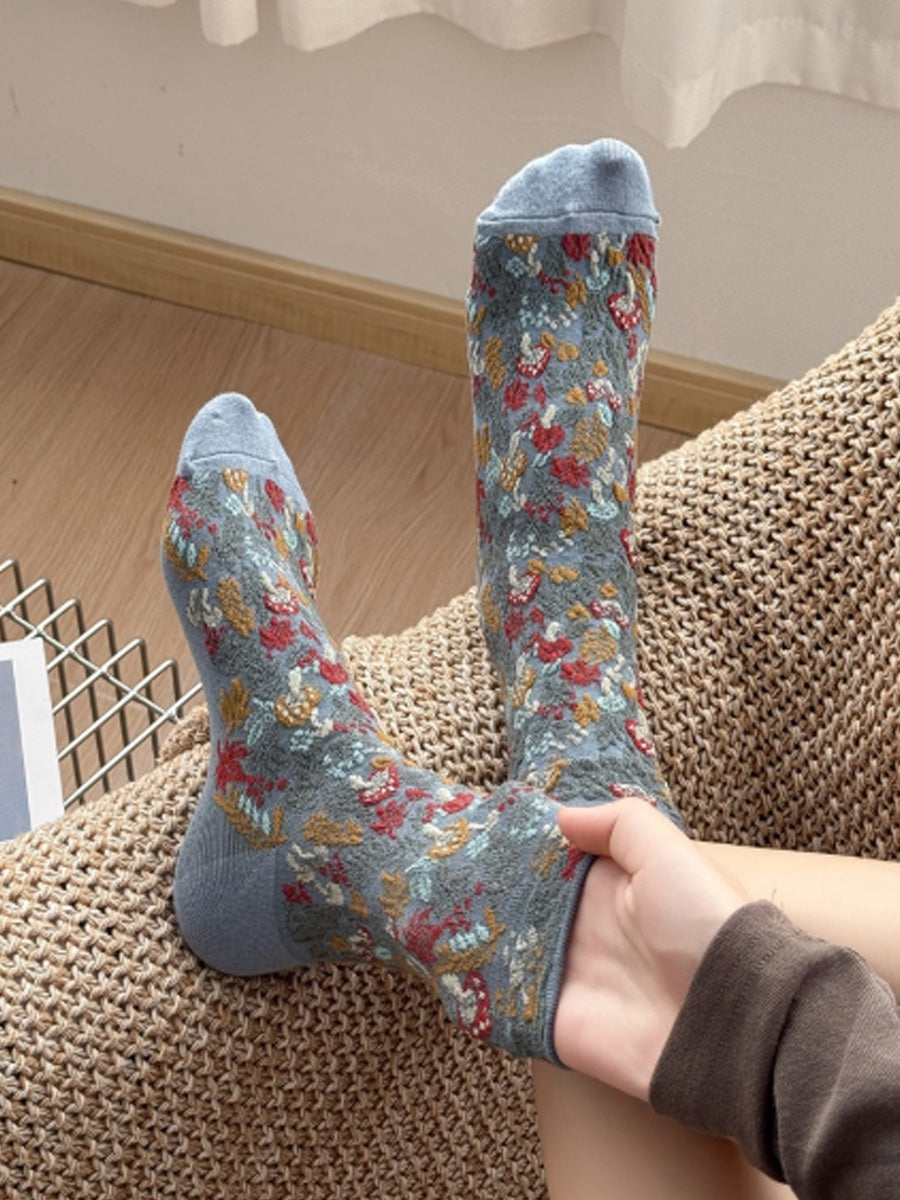 5 Pairs Women Winter Vintage Floral Cotton Socks