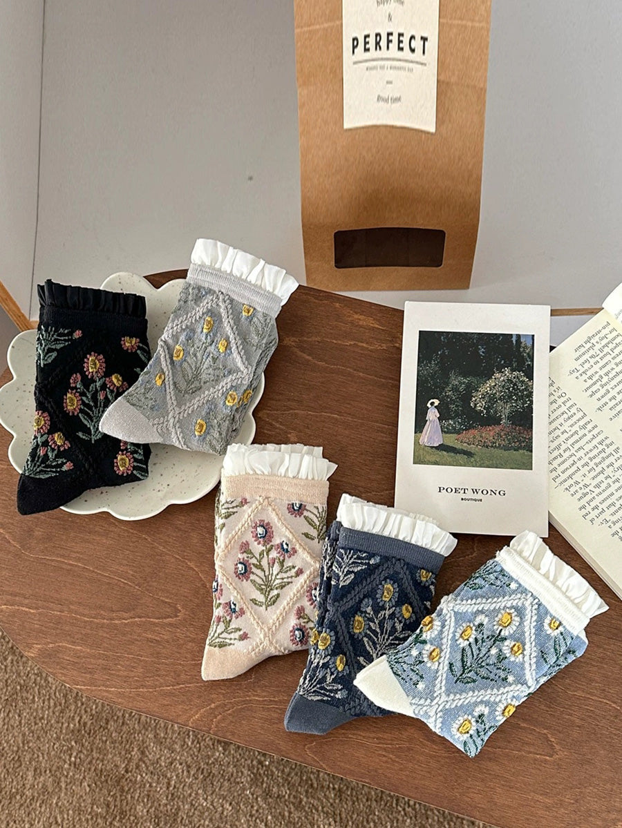 5 Pairs Women Mori Style Floral Sweet Lace Trim Mid-Calf Socks