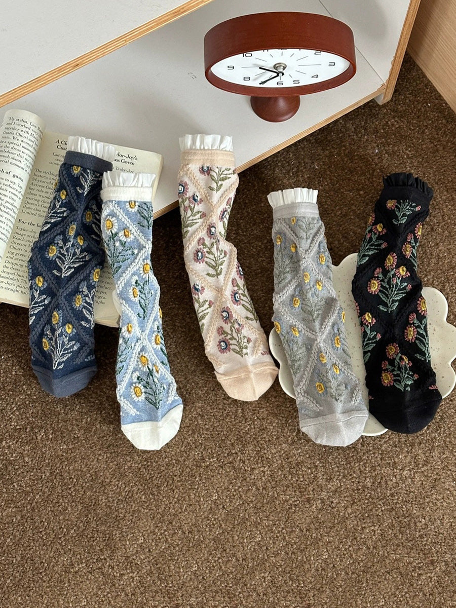 5 Pairs Women Mori Style Floral Sweet Lace Trim Mid-Calf Socks