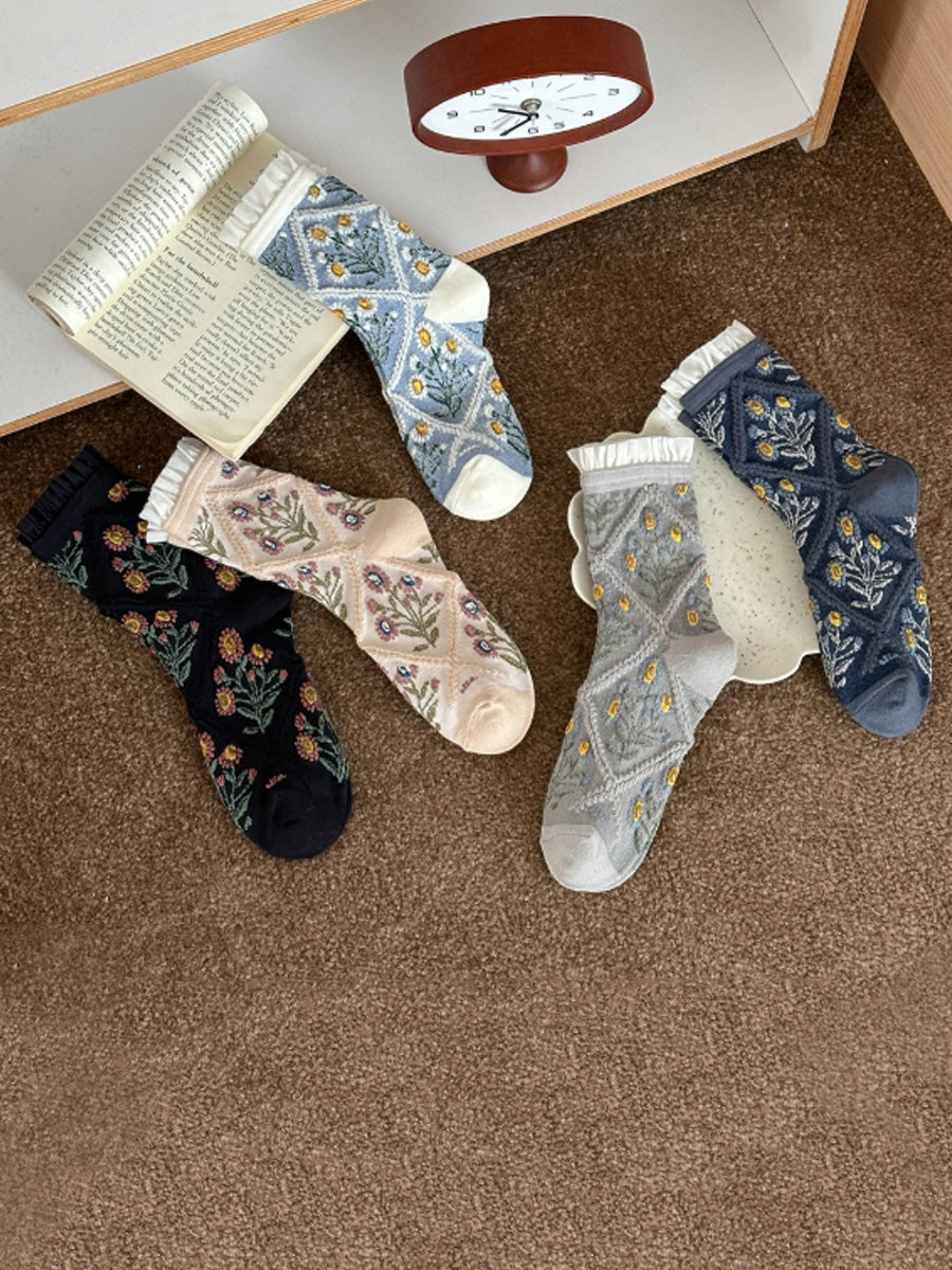 5 Pairs Women Mori Style Floral Sweet Lace Trim Mid-Calf Socks