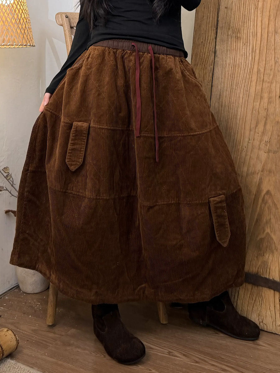 Women Vintage Solid Patchwork Corduroy A-Line Skirt