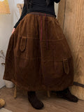 Women Vintage Solid Patchwork Corduroy A-Line Skirt