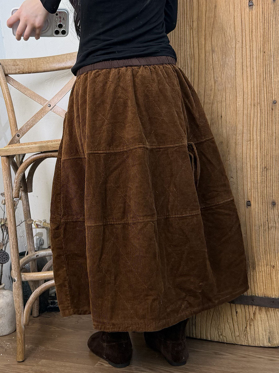 Women Vintage Solid Patchwork Corduroy A-Line Skirt