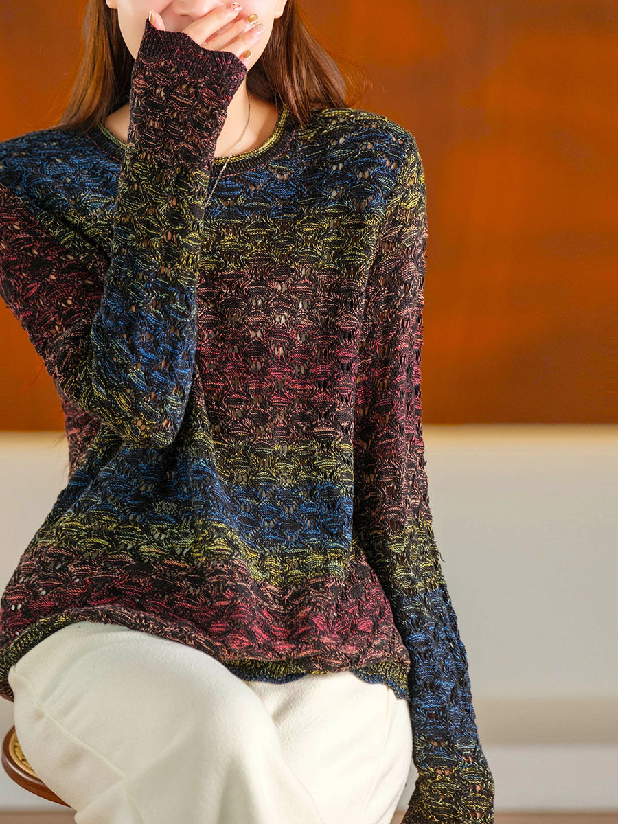 Women Wavy Crochet Gradient Color Block Knit Sweater