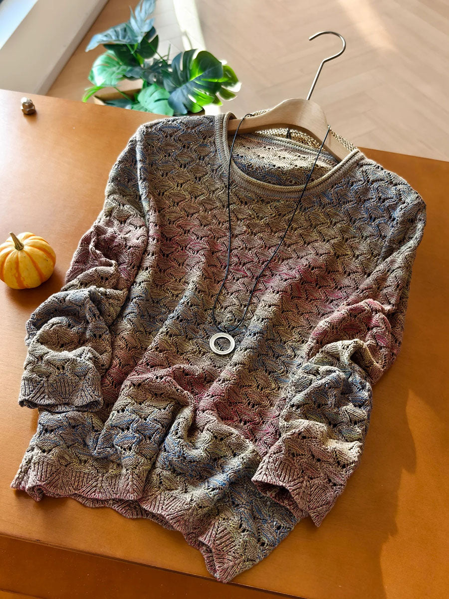Women Wavy Crochet Gradient Color Block Knit Sweater