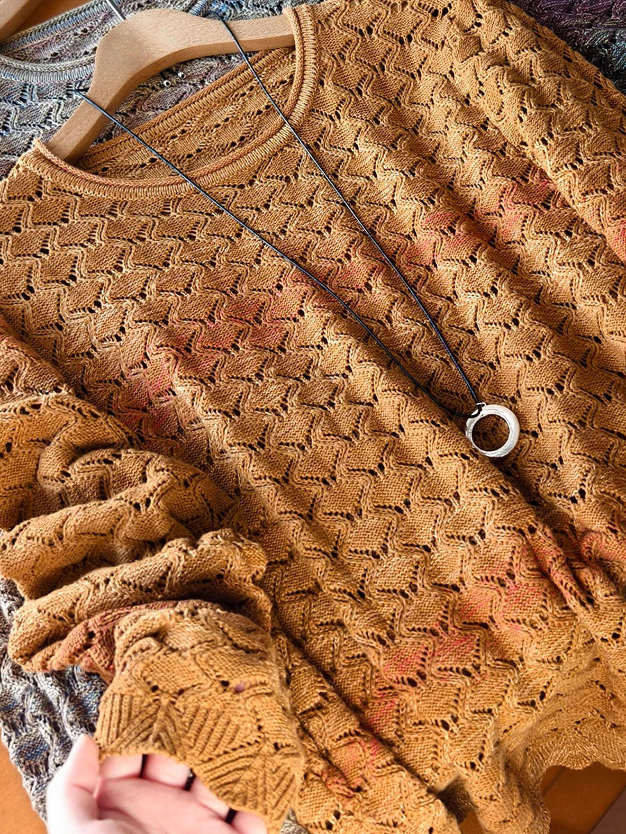 Women Wavy Crochet Gradient Color Block Knit Sweater
