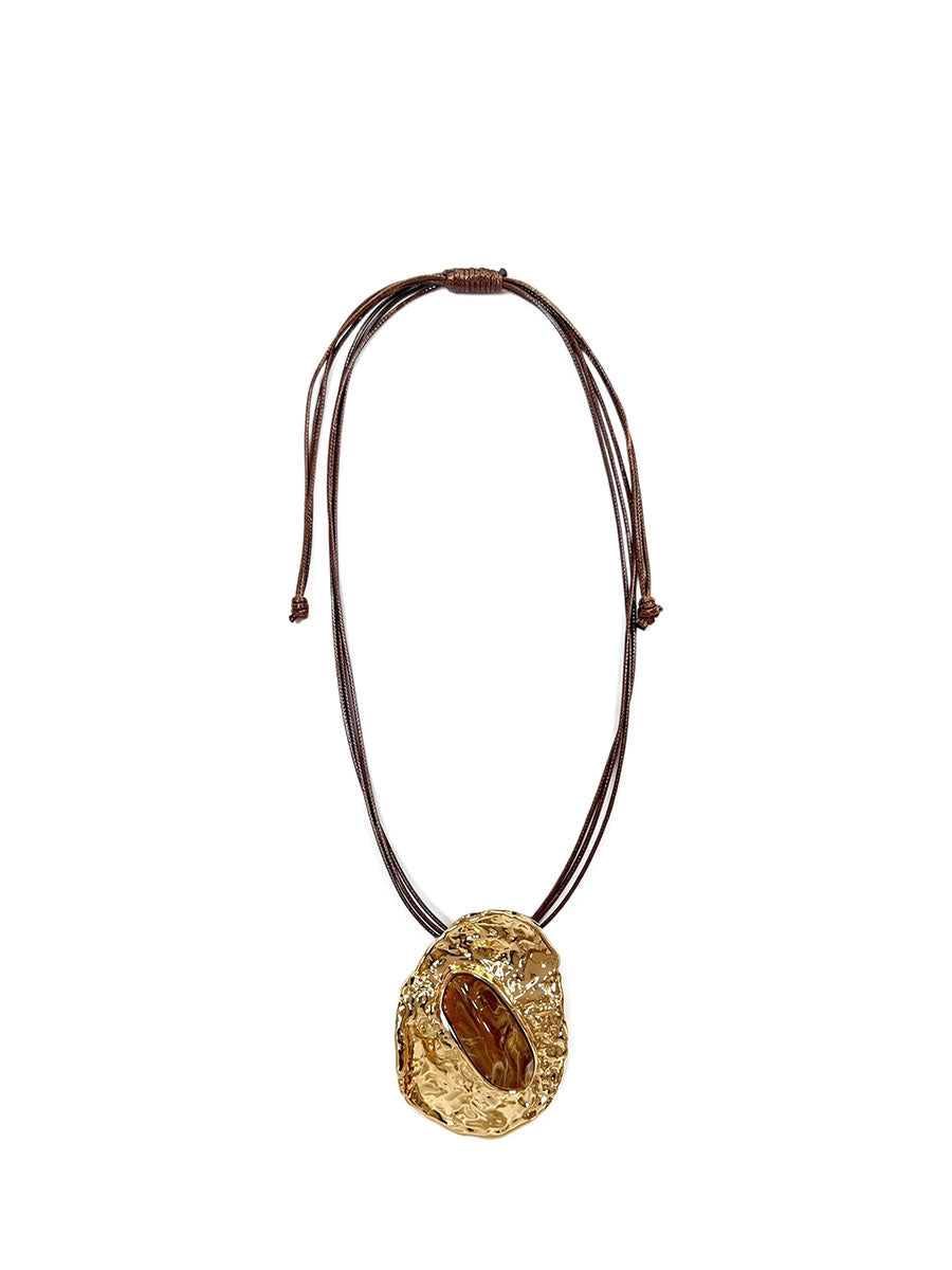 Women Faux Natural Amber Pendant Necklace
