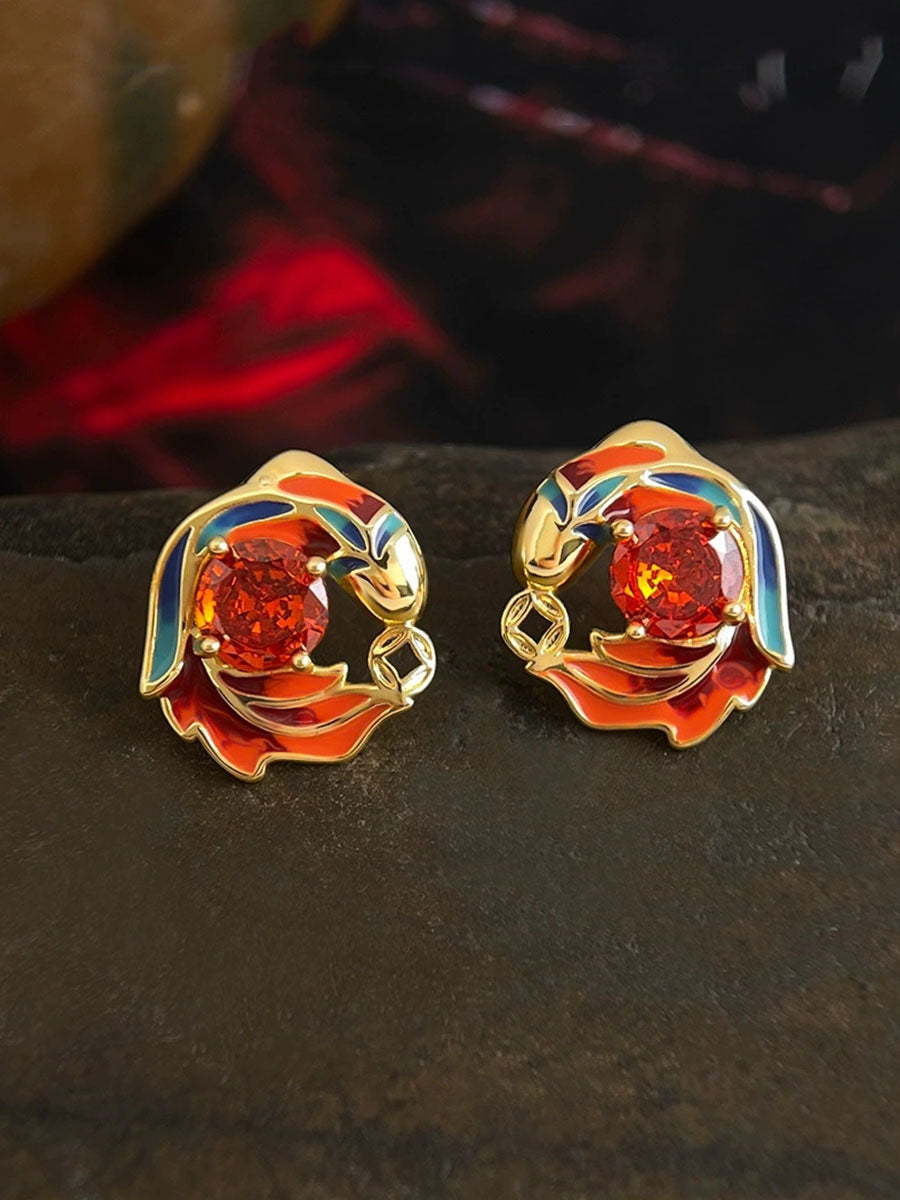 Women Retro Chinese Style Gradient Glazed Zircon Stud Earrings