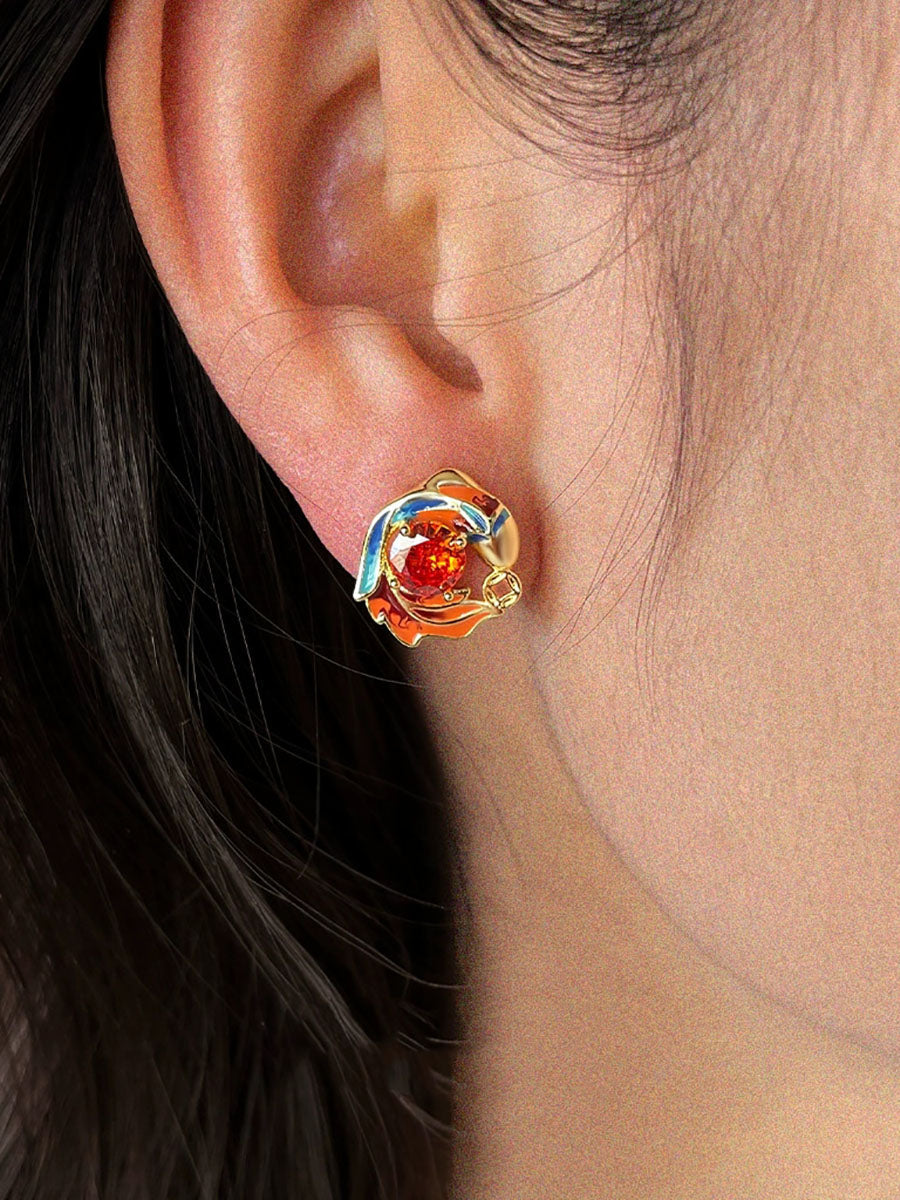 Women Retro Chinese Style Gradient Glazed Zircon Stud Earrings