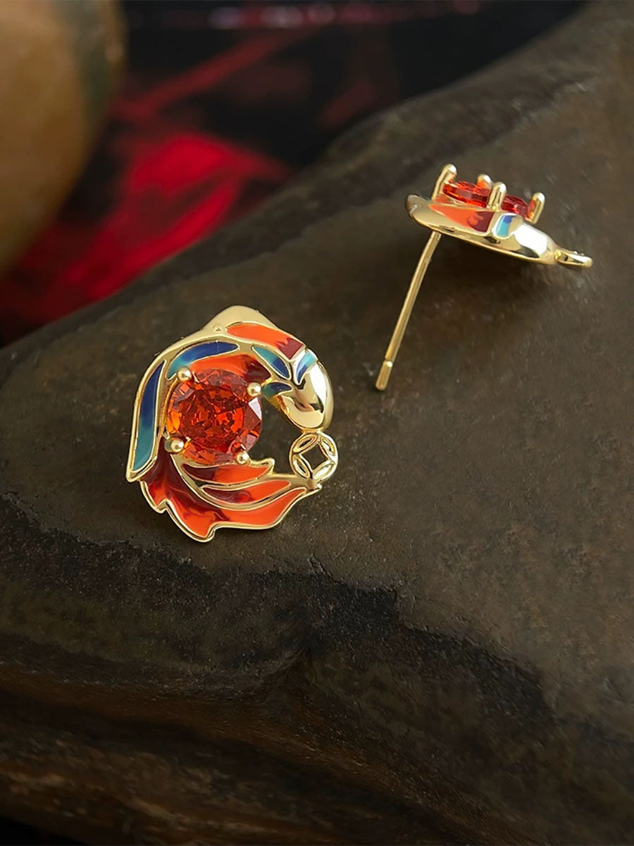 Women Retro Chinese Style Gradient Glazed Zircon Stud Earrings