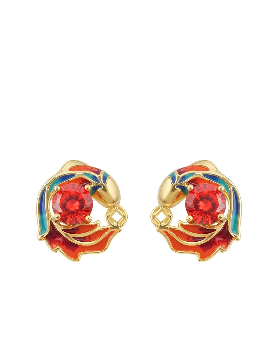 Women Retro Chinese Style Gradient Glazed Zircon Stud Earrings