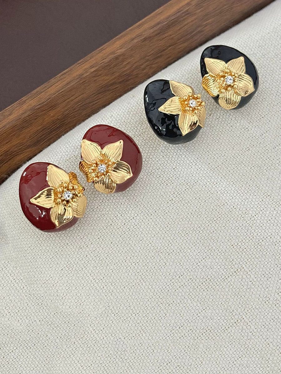 French Vintage Elegant Glazed Flower Rhinestone Earrings