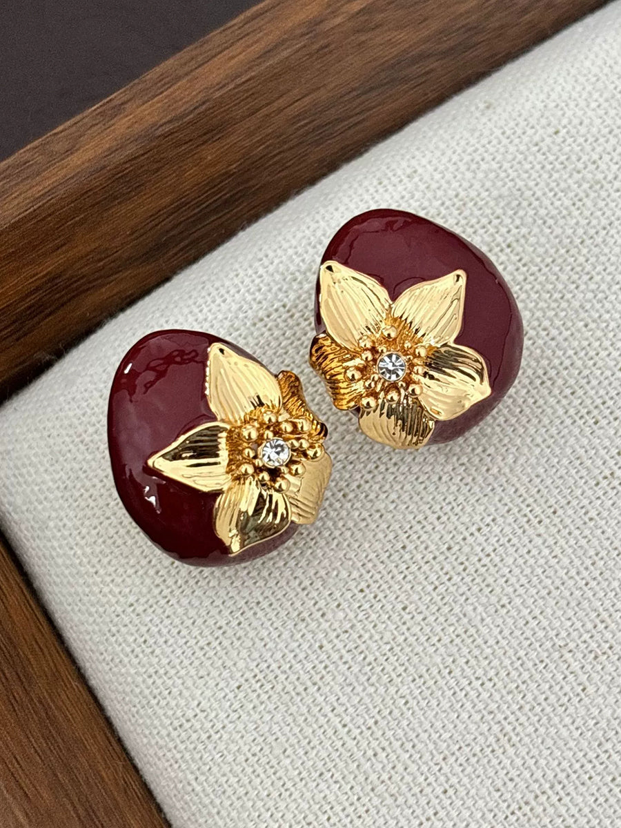 French Vintage Elegant Glazed Flower Rhinestone Earrings