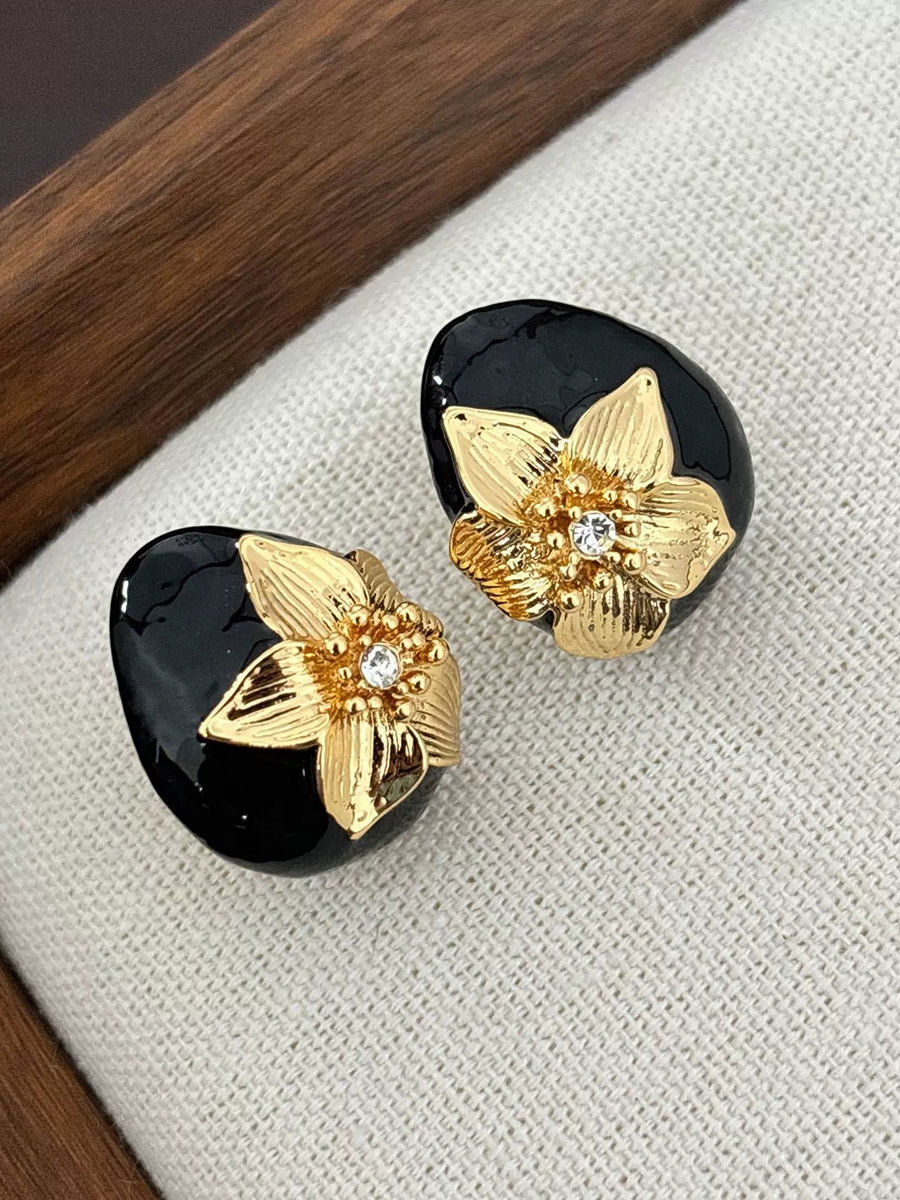 French Vintage Elegant Glazed Flower Rhinestone Earrings