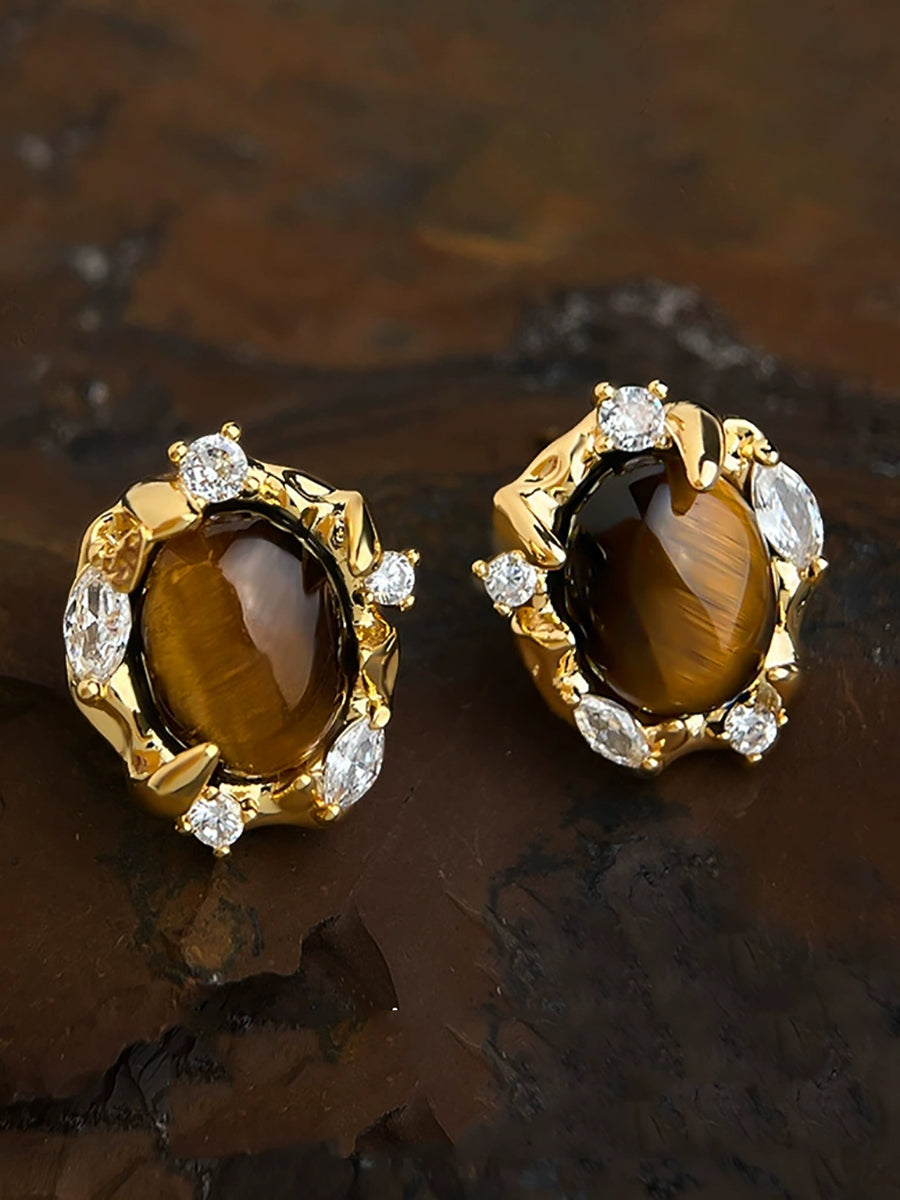 Women Tiger Eye Micro-Pave Zircon Geometric Earrings