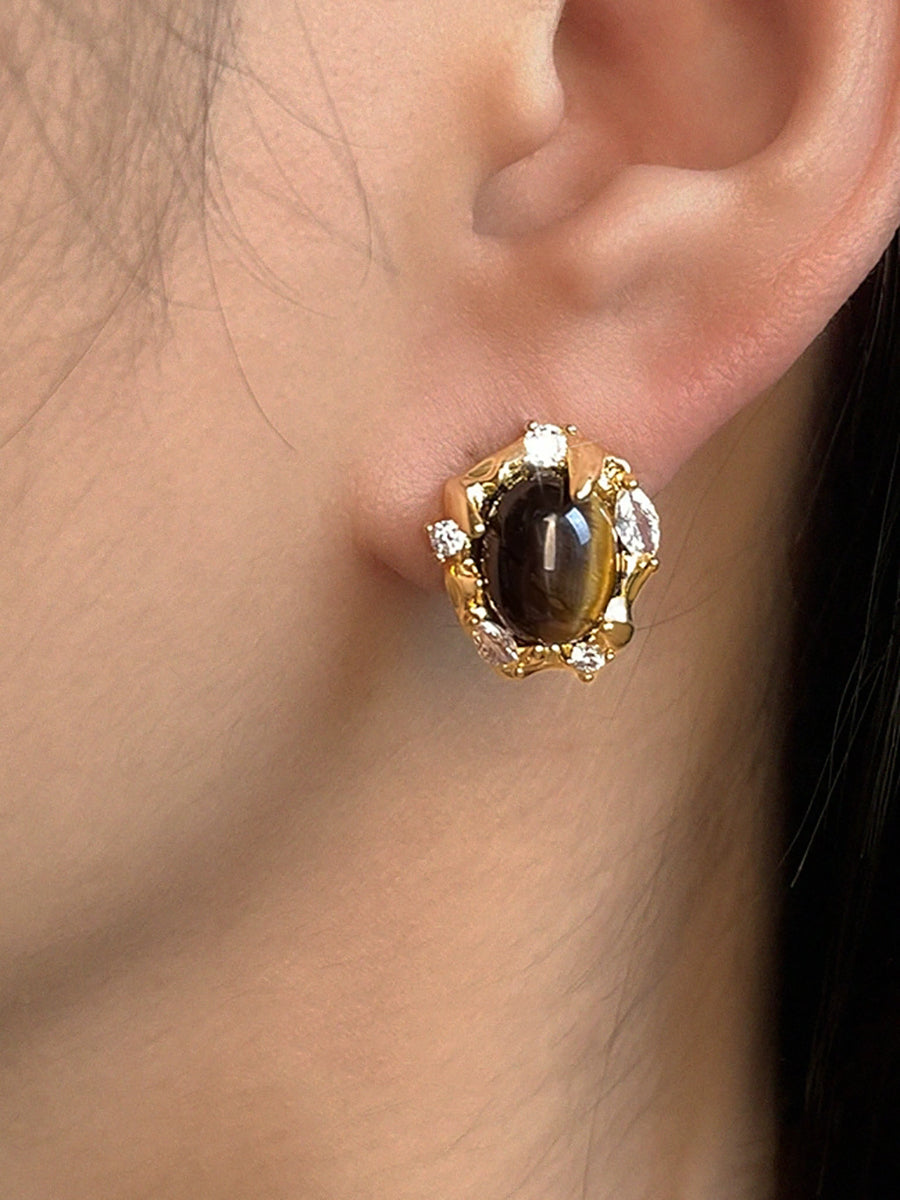 Women Tiger Eye Micro-Pave Zircon Geometric Earrings