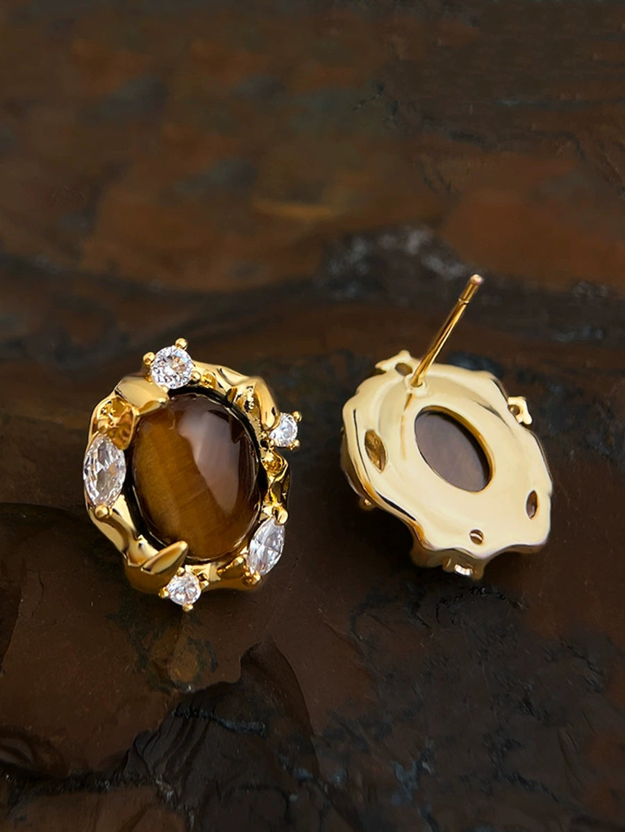 Women Tiger Eye Micro-Pave Zircon Geometric Earrings