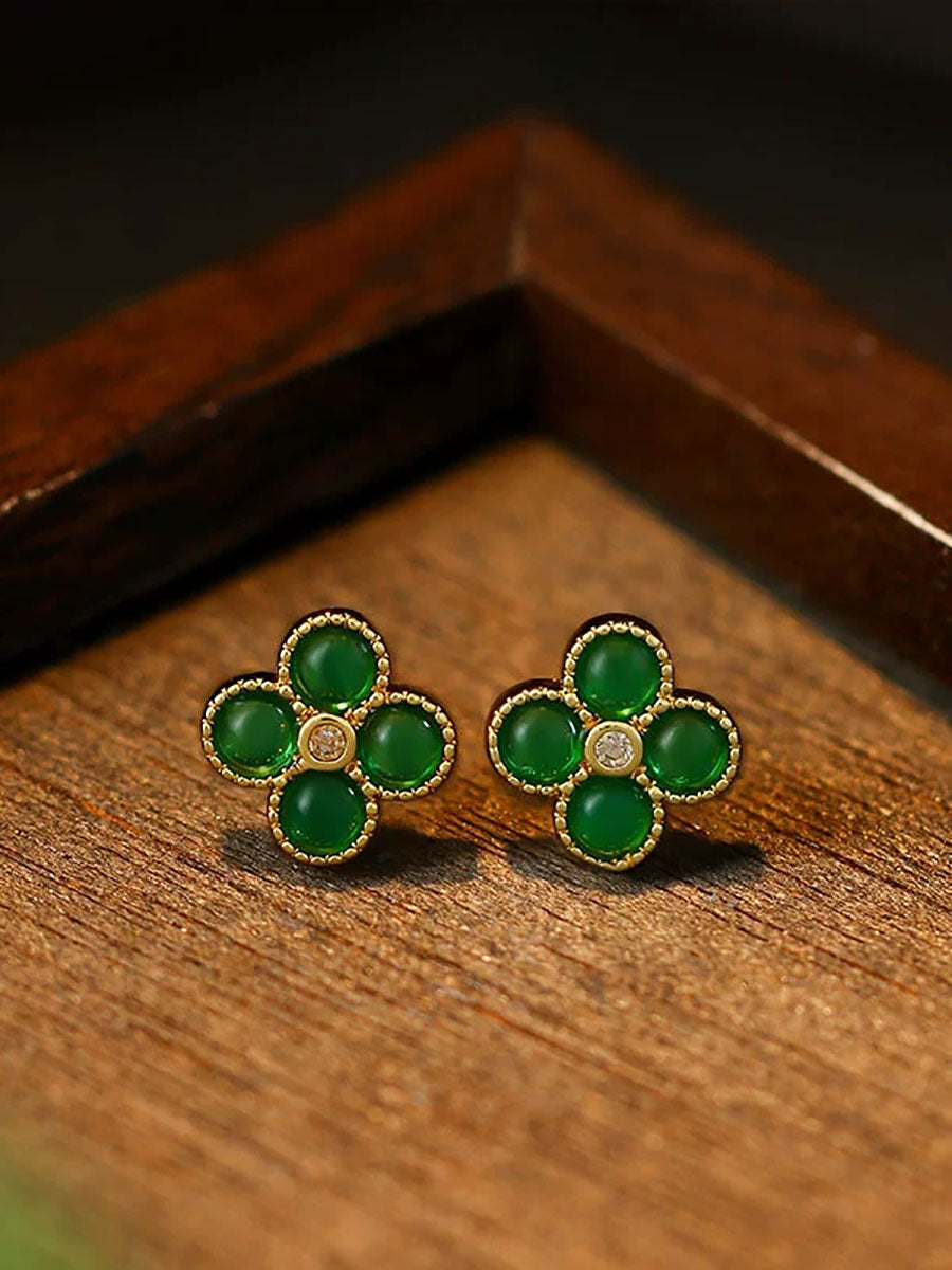 Women Vintage Lucky Four-Leaf Clover Ball Stud Earrings