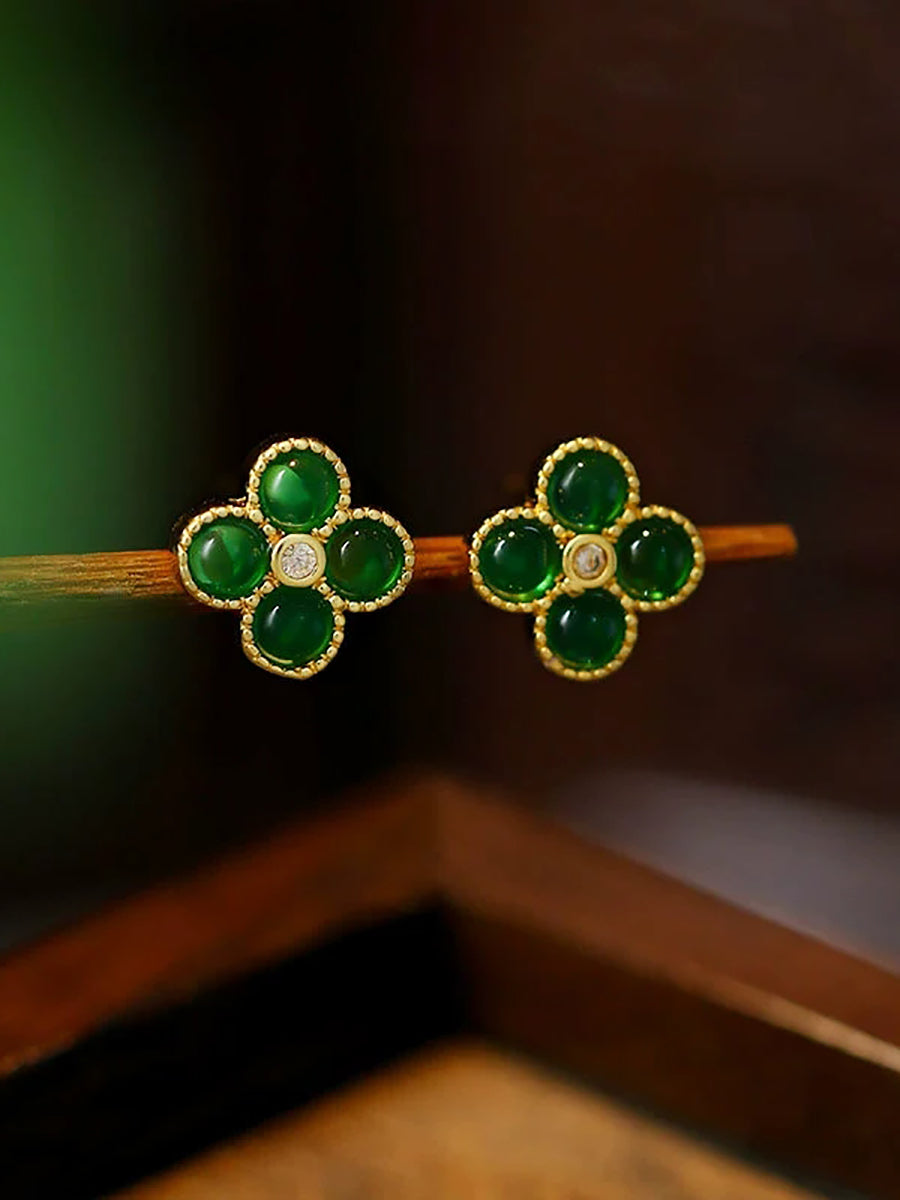 Women Vintage Lucky Four-Leaf Clover Ball Stud Earrings