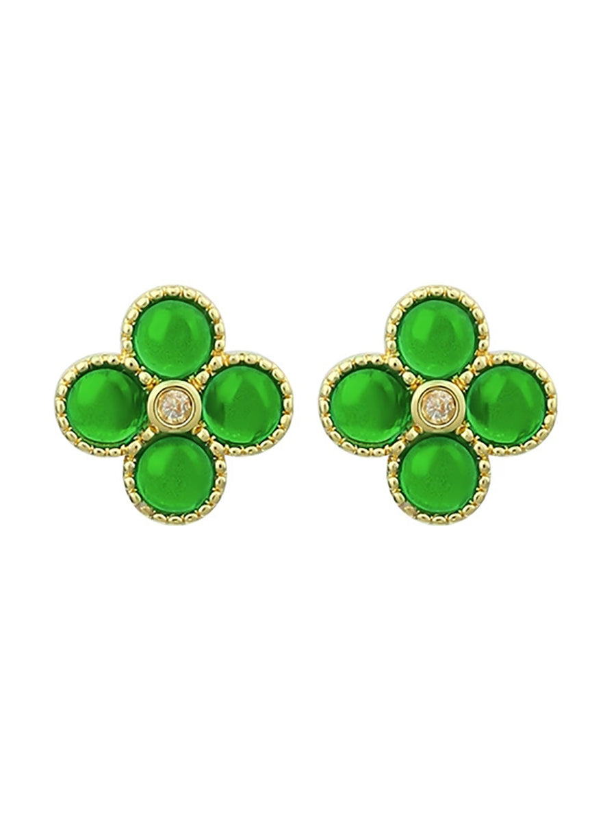 Women Vintage Lucky Four-Leaf Clover Ball Stud Earrings