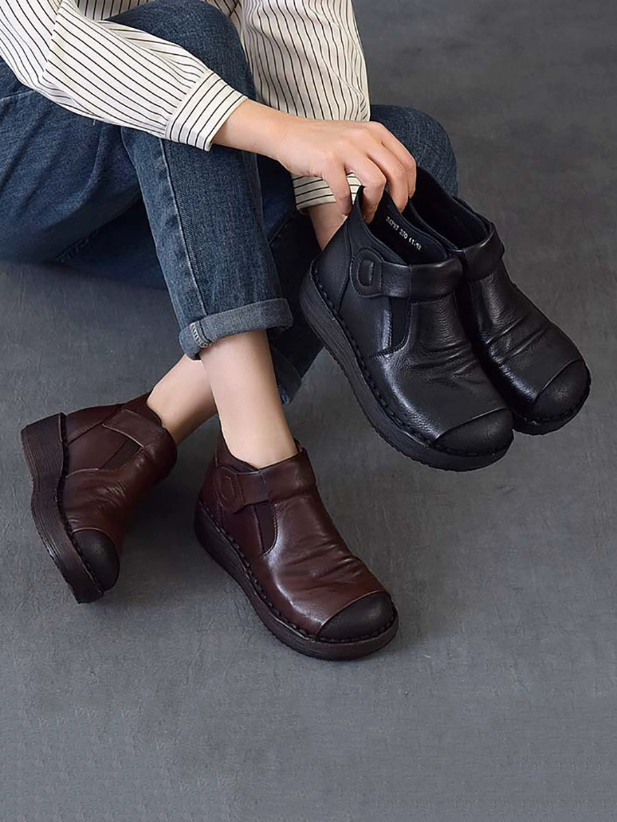 Women Vintage Color Block Chunky Ruched Ankle Boots