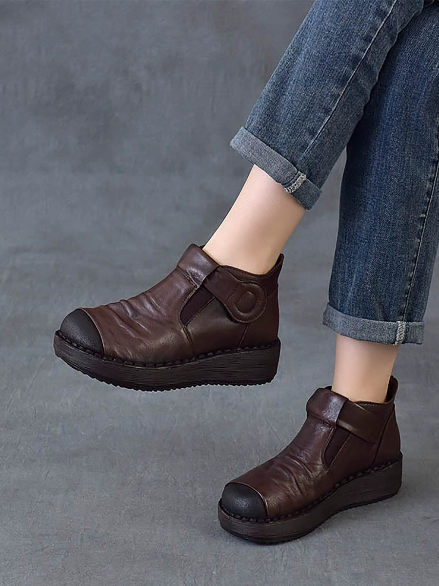 Women Vintage Color Block Chunky Ruched Ankle Boots