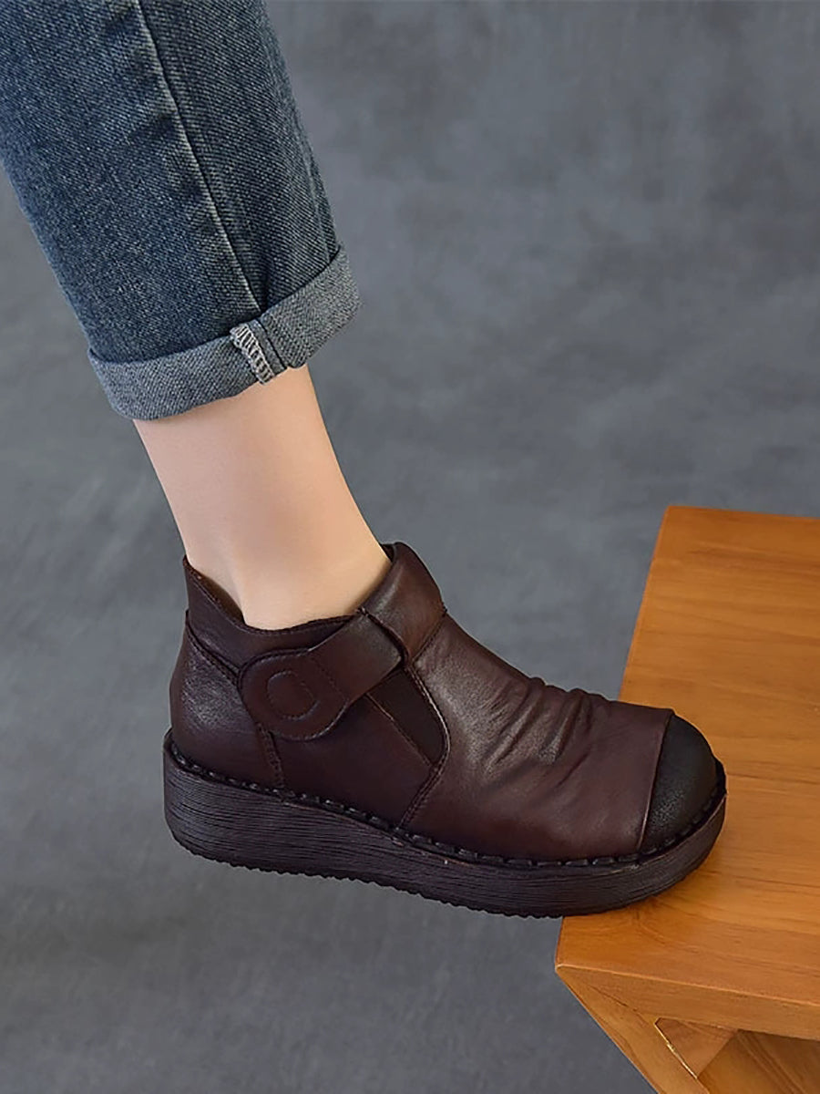 Women Vintage Color Block Chunky Ruched Ankle Boots