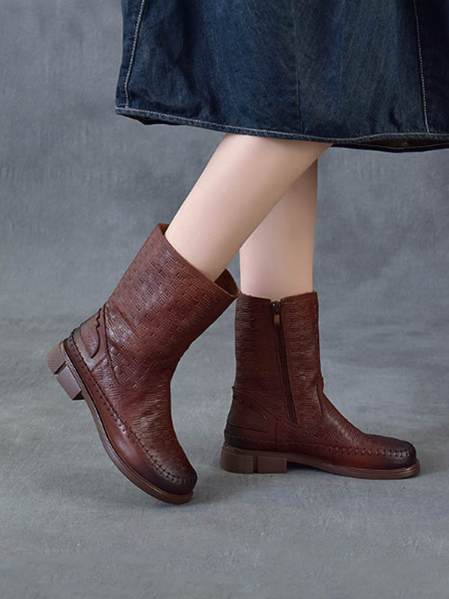 Women Vintage Leather Embossed Hand-Stitched Mid-Calf Boots