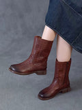 Women Vintage Leather Embossed Hand-Stitched Mid-Calf Boots