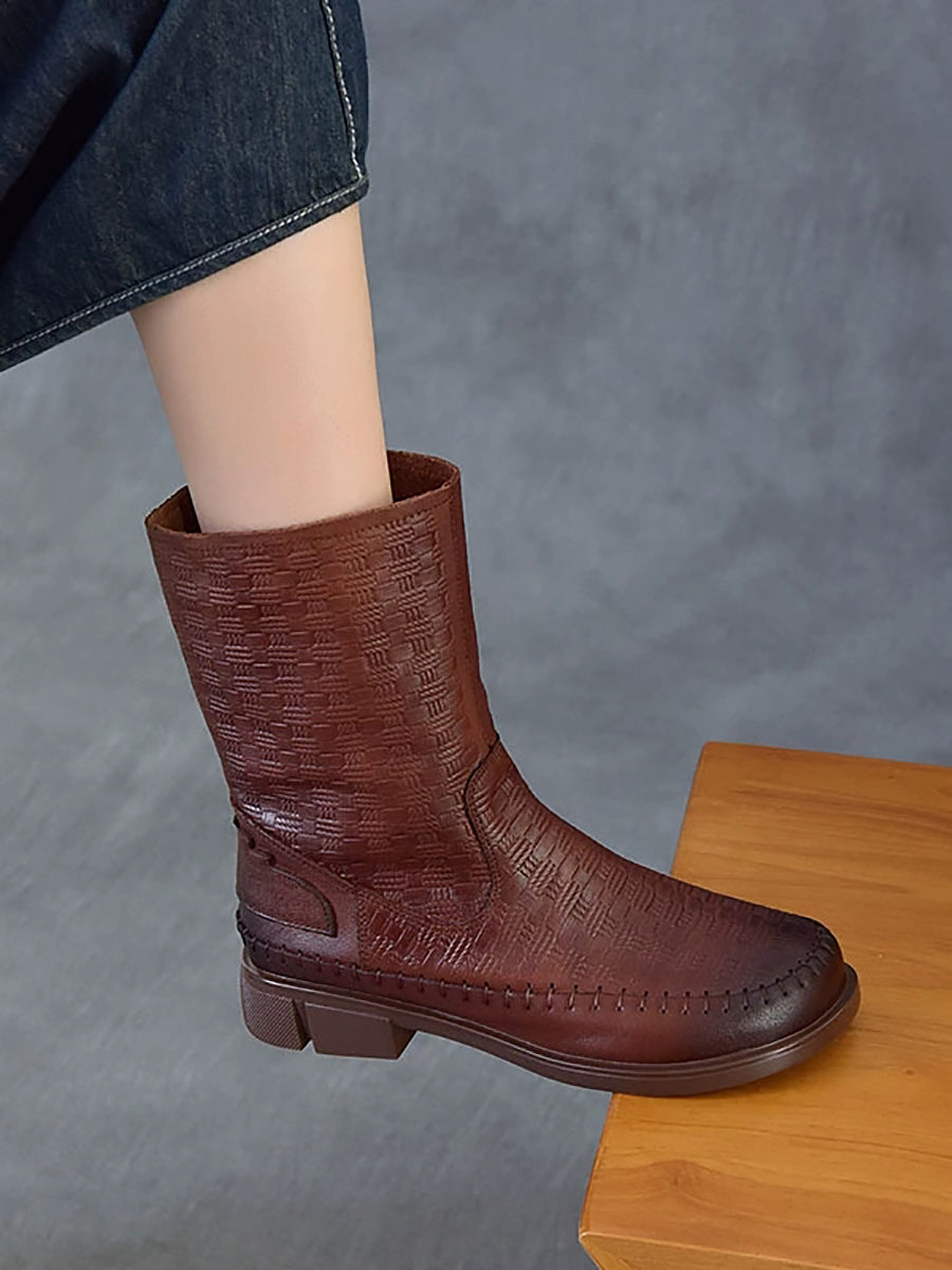 Women Vintage Leather Embossed Hand-Stitched Mid-Calf Boots