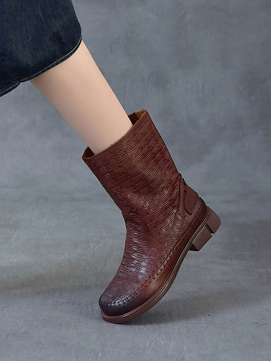 Women Vintage Leather Embossed Hand-Stitched Mid-Calf Boots