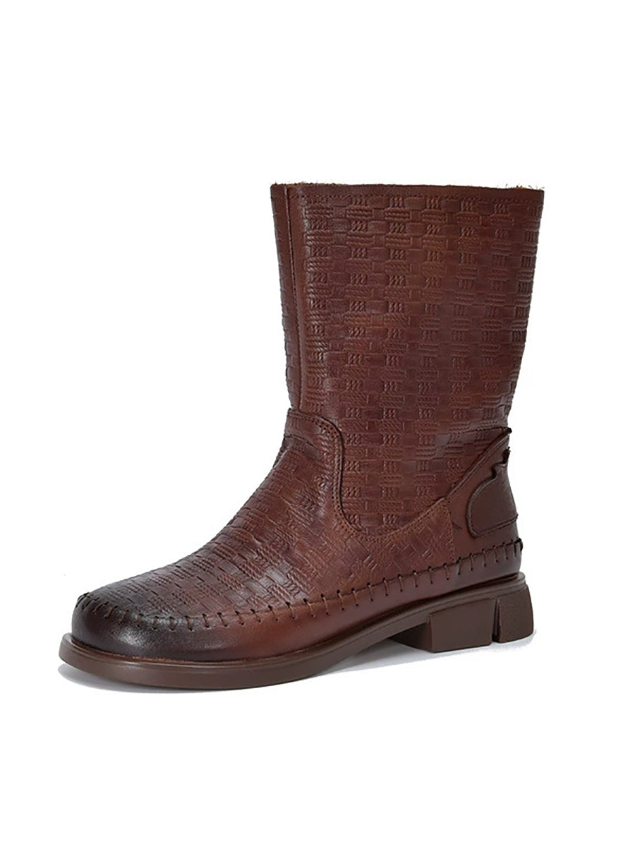 Women Vintage Leather Embossed Hand-Stitched Mid-Calf Boots